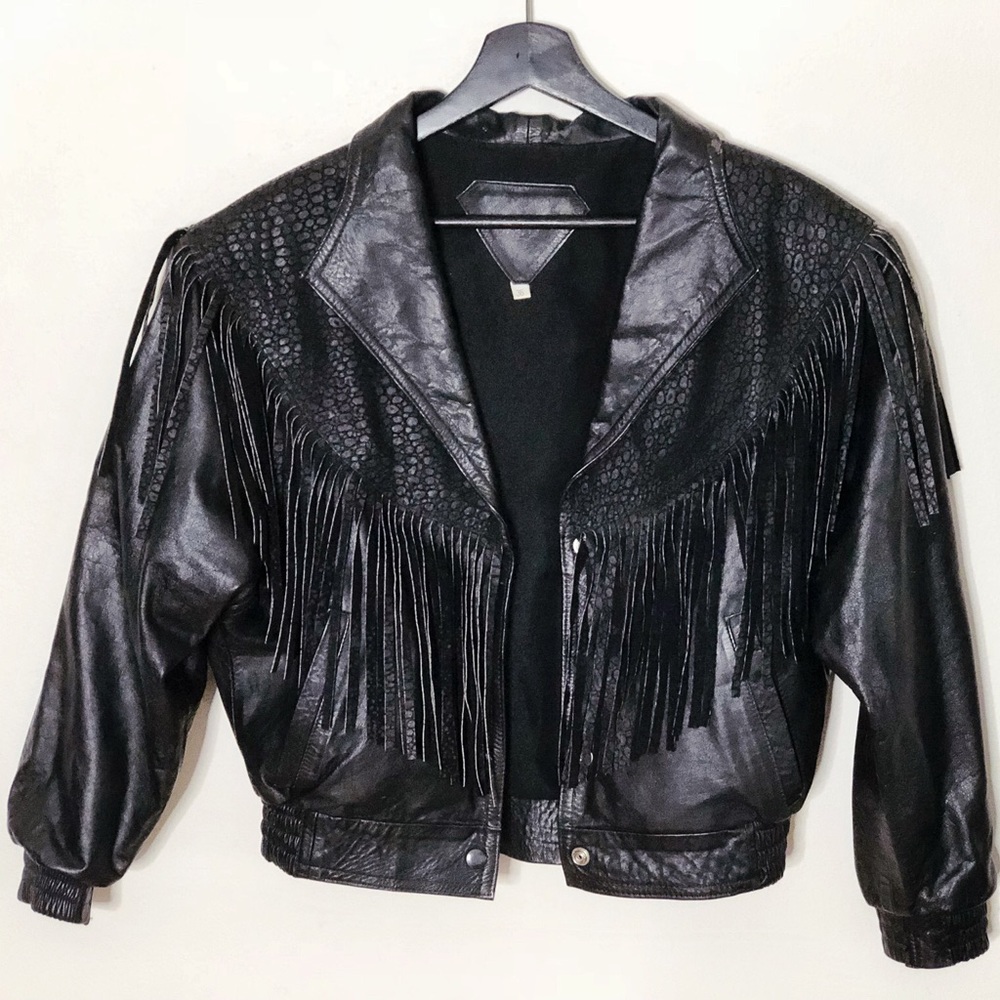 Vintage cropped leather fringe jacket